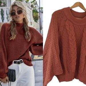 Moon & Madison rust brown chunky cable knit mock neck Raglan sleeves sweater.